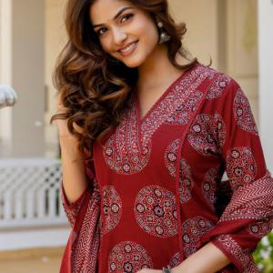 Anouk Women Printed Regular Mirror Work Pure Cotton Kurta with Palazzos & With Dupatta