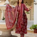 Anouk Women Printed Regular Mirror Work Pure Cotton Kurta with Palazzos & With Dupatta